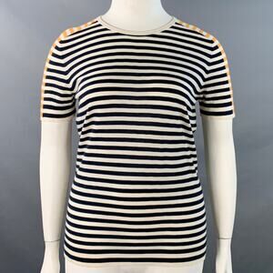 AKRIS Size 12 White Multi Color Wool Stripe Color Block Crew Neck T-Shirt